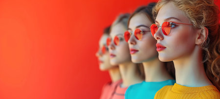 Group of strong independent women standing together in a studio. Diverse women looking at the camera while standing against a studio background. Women of different ages embracing girl power. Beautiful girls of model appearance. Copy Space.の素材