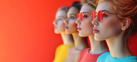 Group of strong independent women standing together in a studio. Diverse women looking at the camera while standing against a studio background. Women of different ages embracing girl power. Beautiful girls of model appearance. Copy Space.の素材
