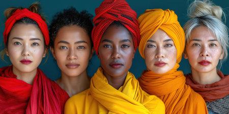 Group of strong independent women standing together in a studio. Diverse women looking at the camera while standing against a studio background. Women of different ages embracing girl power. Beautiful girls of model appearanceの素材