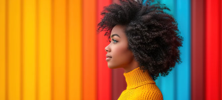 Portrait of beautiful young black woman on a bright background. The concept of International Women's Day and women's rights for equality.の素材