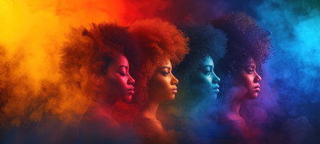 Portrait of several beautiful young black women on a bright background. The concept of International Women's Day and women's rights for equality.の素材