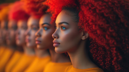 Portrait of several beautiful young black women on a bright background. The concept of International Women's Day and women's rights for equality.の素材