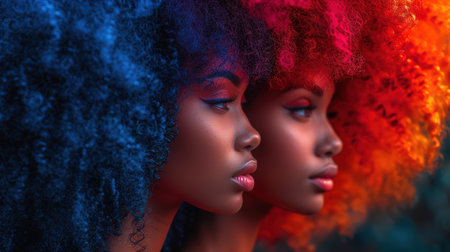 Portrait of several beautiful young black women on a bright background. The concept of International Women's Day and women's rights for equality.の素材