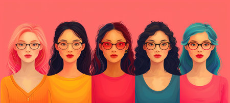 Group of strong independent women standing together in a studio. Diverse women looking at the camera while standing against a studio background. Women of different ages embracing girl power. Beautiful girls of model appearanceの素材