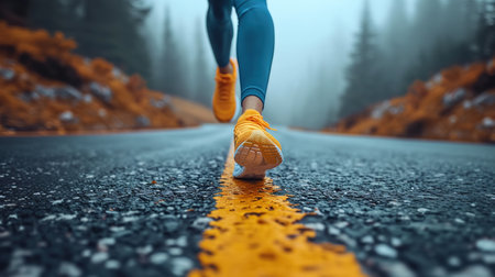 Close-up of a girl running along a road in the forest. The concept of sports and health.の素材