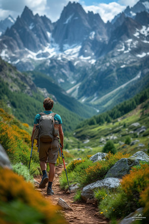 Hiker with backpack standing on a rock and enjoying sunset on mountain. A man with a backpack runs through the mountains. The concept of a sporty lifestyle and health.の素材