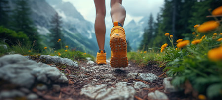 Hiking in the mountains. Male legs with sports shoes and backpack running on a trail mountain, close up.の素材