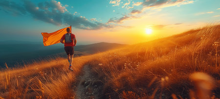 Hiker with backpack standing on a rock and enjoying sunset on mountain. A man with a backpack runs through the mountains. The concept of a sporty lifestyle and health.の素材