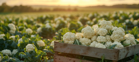 Cauliflowers in wooden boxes against the background of a field with cauliflower, new harvest, organic vegetablesの素材