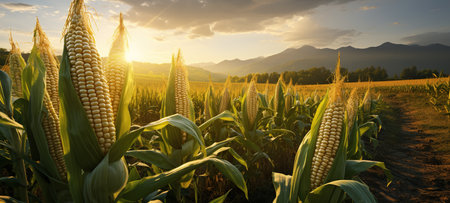 Corn cobs on the background of a cornfield in the sunlight at sunset.の素材