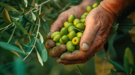Farmer hands holding a handful of fresh harvested olives. Selective focus on the olives.の素材