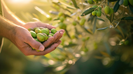 Farmer hands holding a handful of fresh harvested olives. Selective focus on the olives.の素材
