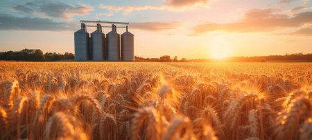 grain elevator in front of wheatfield. flour or oil mill plant silos containers. Silos near golden farmland. Agriculture theme, a harvesting season.の素材