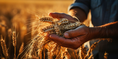 A man holds golden ears of wheat against the background of a ripening field. Farmer's hands close-up. The concept of planting and harvesting a rich harvest. Rural landscape at sunset.の素材