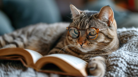 A cute red-haired cat is lying on the couch with glasses and reading a book.の素材