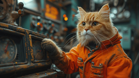 A cat mechanic repairs a car in a car service station using tools.の素材
