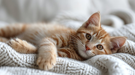 Cute tabby kitten sleeping on white soft blanket. Cats rest napping on bed. Comfortable pets sleep at cozy homeの素材