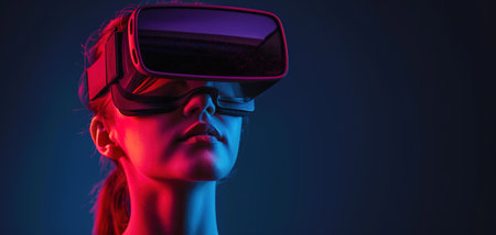 Metaverse technology concept. Excited young woman wearing VR headset with new experience on futuristic purple cyberpunk neon light background. With copy space.の素材
