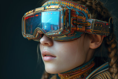 Metaverse technology concept. Excited young woman wearing VR headset with new experience on futuristic purple cyberpunk neon light background. With copy space.の素材