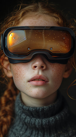 Metaverse technology concept. Excited young woman wearing VR headset with new experience on futuristic purple cyberpunk neon light background. With copy space.の素材