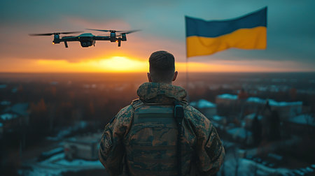 A Ukrainian military man controls and drone wearing virtual reality glasses against the background of the Ukrainian blue and yellow flag.の素材
