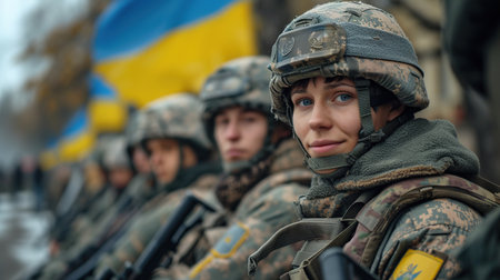 Ukrainian military holds the flag of Ukraine. The concept of victory. The war between Ukraine and Russia.の素材