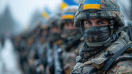 Ukrainian military holds the flag of Ukraine. The concept of victory. The war between Ukraine and Russia.の素材