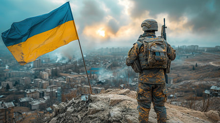 Ukrainian military holds the flag of Ukraine. The concept of victory. The war between Ukraine and Russia.の素材