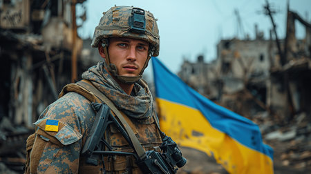 Ukrainian military holds the flag of Ukraine. The concept of victory. The war between Ukraine and Russia.の素材