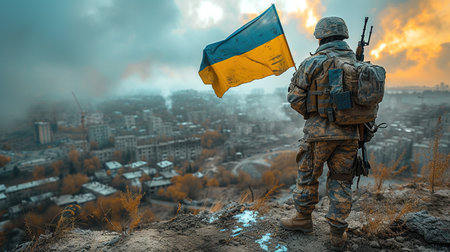 Ukrainian military holds the flag of Ukraine. The concept of victory. The war between Ukraine and Russia.の素材