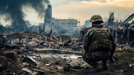 A Ukrainian military man stands in the middle of a destroyed city against the background of military equipment.の素材