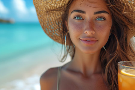 young attractive sexy woman on vacation by sea, tropical beach, drinking cocktail in coconut, skinny legs, traveling in Thailand, smiling, happy, positive emotion, summer styleの素材