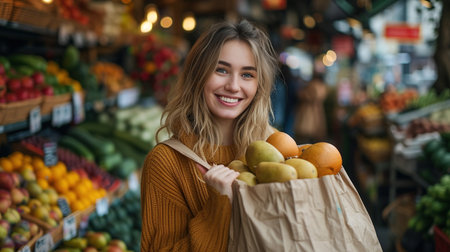 Young smiling happy woman wearing casual clothes shopping at supermaket with craft paper package with groceries hold bag stand at store inside hypermarket. People purchasing gastronomy food concept.の素材