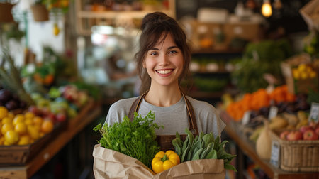 Young smiling happy woman wearing casual clothes shopping at supermaket with craft paper package with groceries hold bag stand at store inside hypermarket. People purchasing gastronomy food concept.の素材
