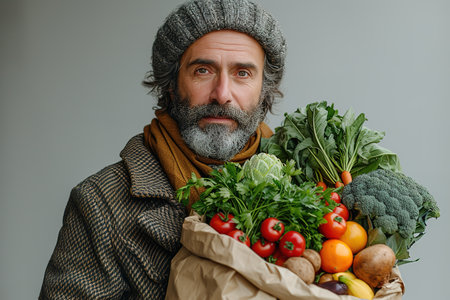 Adult bearded happy man with paper package of vegetables groceries. Copy Spaceの素材