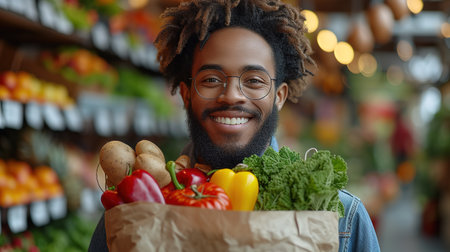 Young bearded happy man with paper package of vegetables groceries. Copy Spaceの素材