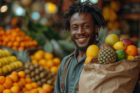 Adult bearded happy man with paper package of vegetables groceries. Copy Spaceの素材