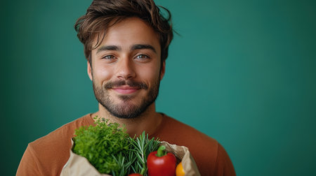 Young bearded happy man with paper package of vegetables groceries. Copy Spaceの素材