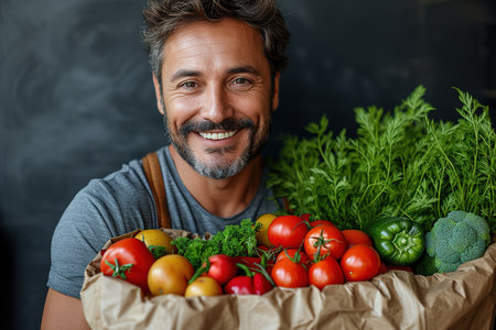 Adult bearded happy man with paper package of vegetables groceries. Copy Spaceの素材