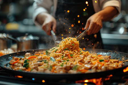 A professional Asian chef prepares various Chinese dishes in the kitchen of an expensive restaurant.の素材