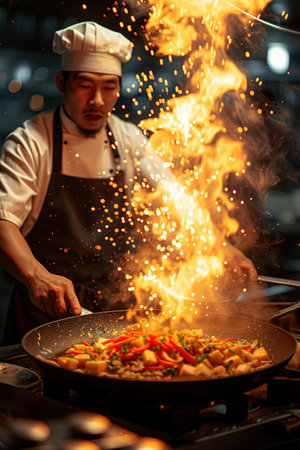 A professional Asian chef prepares various Chinese dishes in the kitchen of an expensive restaurant.の素材