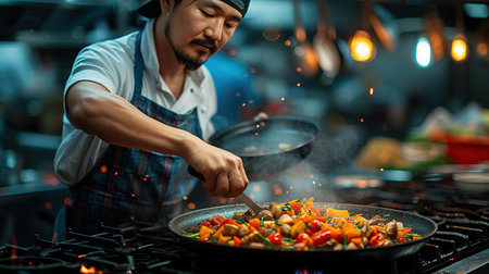 A professional Asian chef prepares various Chinese dishes in the kitchen of an expensive restaurant.の素材