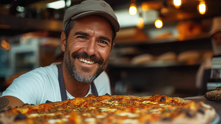 Food concept. Preparing traditional Italian pizza. Young smiling chef in white uniform and gray hat decorate ready dish in interior of modern restaurant kitchen. A happy professional chef presents freshly prepared pizza from the oven. Ready to eat.の素材