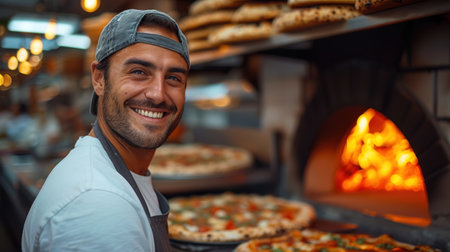 Food concept. Preparing traditional Italian pizza. Young smiling chef in white uniform and gray hat decorate ready dish in interior of modern restaurant kitchen. A happy professional chef presents freshly prepared pizza from the oven. Ready to eat.の素材