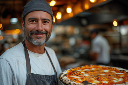 Food concept. Preparing traditional Italian pizza. Young smiling chef in white uniform and gray hat decorate ready dish in interior of modern restaurant kitchen. A happy professional chef presents freshly prepared pizza from the oven. Ready to eat.の素材
