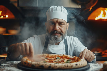 Food concept. Preparing traditional Italian pizza. Young smiling chef in white uniform and gray hat decorate ready dish in interior of modern restaurant kitchen. A happy professional chef presents freshly prepared pizza from the oven. Ready to eat.の素材