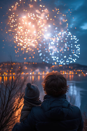 A dad with a child looks at fireworks in the night sky. Bannerの素材