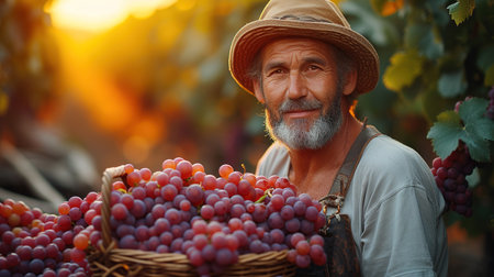Cheerful bearded male farmer in glasses and hat smiling and inspecting a bunch of fresh grapes during harvest on the vineyard. An adult male winemaker holds a basket full of red grapes.の素材