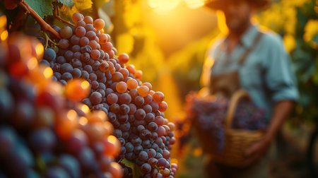 Cheerful bearded male farmer in glasses and hat smiling and inspecting a bunch of fresh grapes during harvest on the vineyard. An adult male winemaker holds a basket full of red grapes.の素材