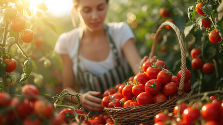 Cherry tomato harvest farmer collect at sunlight greenhouse. Farm woman professional picking check vegetable farmland. Workwoman inspect ripe fresh tasty vegeculture industry. Agro cultivation conceptの素材